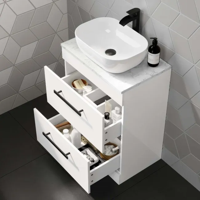 Avon Gloss White Vanity Drawer with Marble Top & Curved Counter Top Basin 600mm - Black Accents