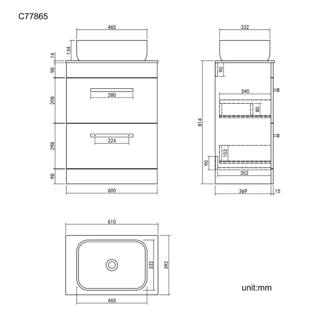 Avon Gloss White Vanity Drawer with Marble Top & Curved Counter Top Basin 600mm - Black Accents