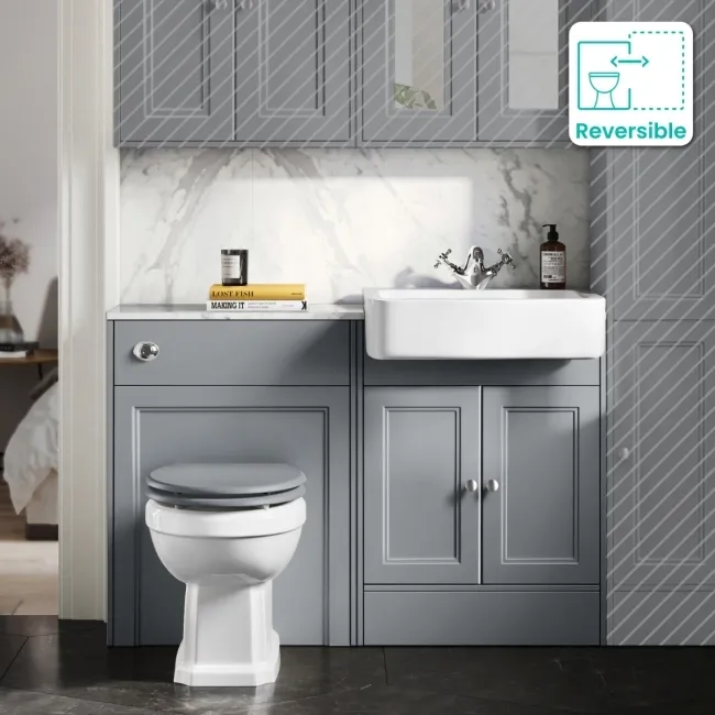 Monaco Dove Grey Combination Vanity Basin with Marble Top & Hudson Toilet with Wooden Seat 1200mm