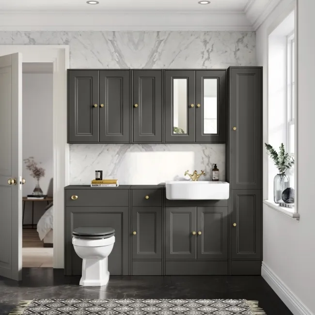 Monaco Graphite Grey Basin Vanity and Back To Wall Unit 1500mm (Excludes Pan & Cistern) - Brushed Brass Accents