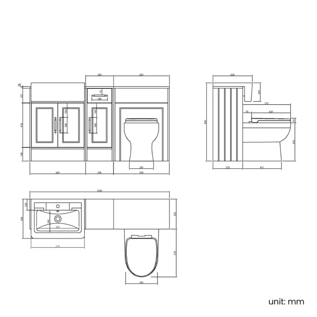 Monaco Inky Blue Combination Vanity Traditional Basin and Seattle Toilet 1500mm - Brass Knurled Handles