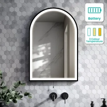 Maya Battery Operated Matt Black Arched LED Mirror 750x500mm