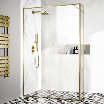 Munich Brushed Brass Framed 8mm Wet Room Shower Glass 1400mm & 250mm Return Panel