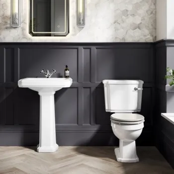 Hudson Traditional Close Coupled Toilet With Cotton White Seat & Pedestal Basin - Single Tap Hole