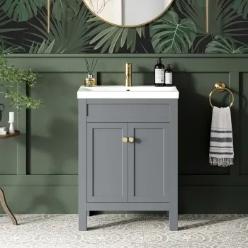 Bermuda Dove Grey Basin Vanity 600mm - Brushed Brass Accents