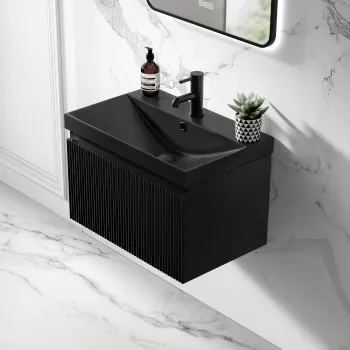 Malta Fluted Matt Black Wall Hung Drawer Vanity with Matt Black Basin 600mm