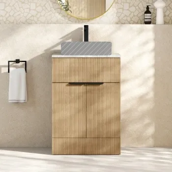 Havana Fluted Country Oak Cabinet with Marble Top 600mm (Excludes Counter Top Basin) - Black Accents