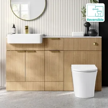 Sicily Fluted Country Oak Combination Vanity Basin with Marble Top & Tucson Toilet 1500mm - Brushed Brass Accents