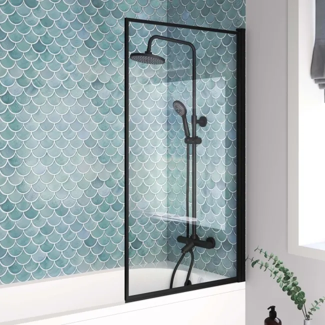 Oakham 1700 Space Saving Shower Bath & 6mm Easy Clean Matt Black Framed Bath Screen - Right Handed