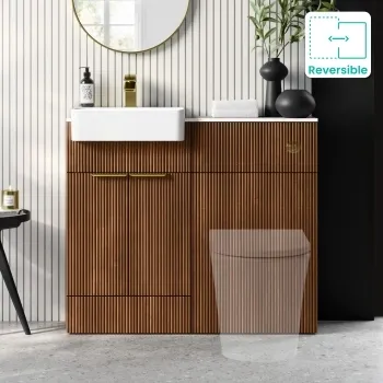 Sicily Fluted Black Walnut Basin Vanity with Marble Top & Back To Wall Unit 1000mm (Excludes Toilet) - Brushed Brass Accents