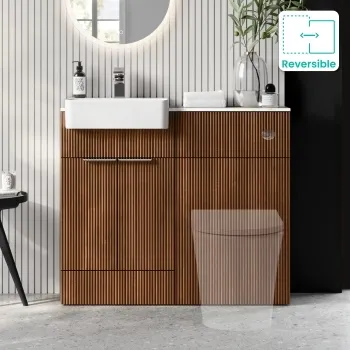Sicily Fluted Black Walnut Basin Vanity with Marble Top & Back To Wall Unit 1000mm (Excludes Toilet) - Chrome Handles