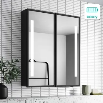 Mia Battery Operated Black Framed Illuminated LED Mirror Cabinet 710x600mm