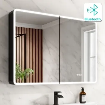 Aurora Matt Black Illuminated LED Mirror Cabinet With BLUETOOTH Speaker 700x1000mm