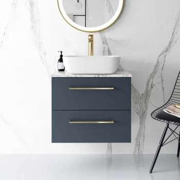 Elba Inky Blue Wall Hung Drawer Vanity with Marble Top & Curved Counter Top Basin 600mm - Brushed Brass Accents