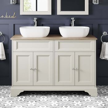 Lucia Chalk White Double Vanity With Oak Top & Curved Basin
