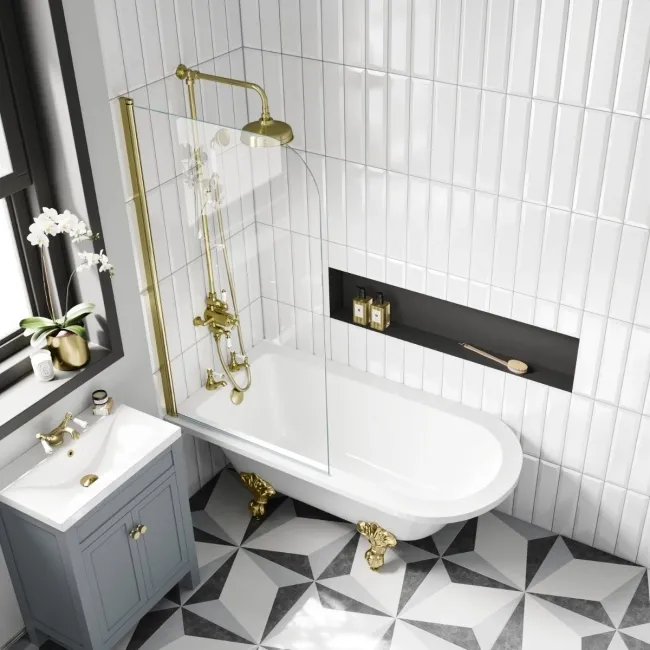 Abingdon 1500 Roll Top Shower Bath - Brushed Brass Ball Feet & 6mm Easy Clean Brushed Brass Bath Screen