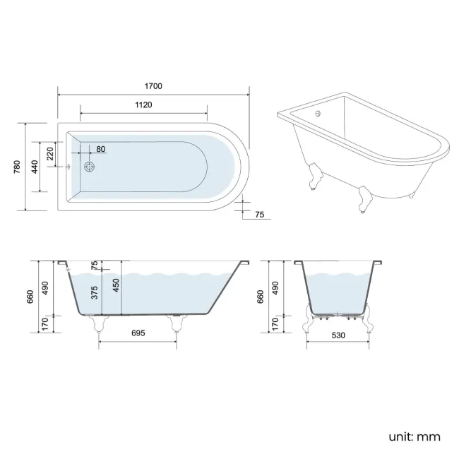 Abingdon 1700 Roll Top Shower Bath - Brushed Brass Ball Feet & 6mm Easy Clean Brushed Brass Bath Screen