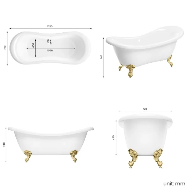 Tonbridge 1750mm Roll Top Bath - Brushed Brass Ball Feet