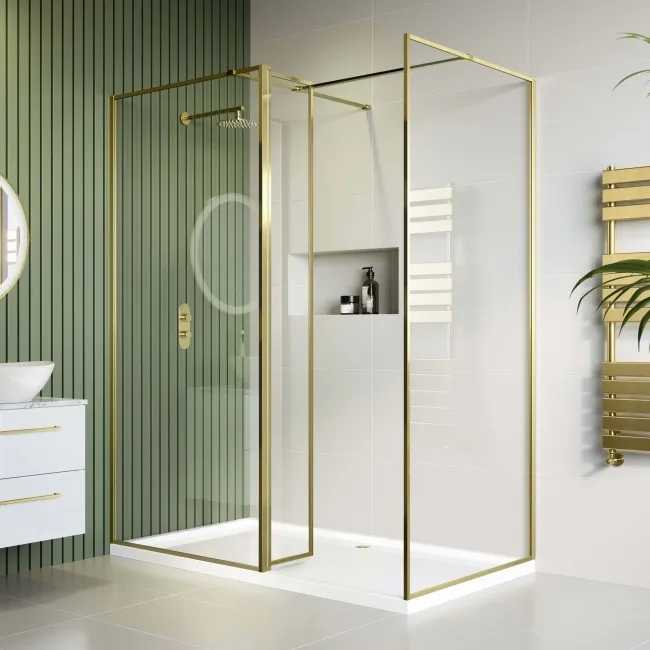 Munich Brushed Brass Framed 8mm Walk In Shower Enclosure 900mm & 900mm Glass with Return Panel