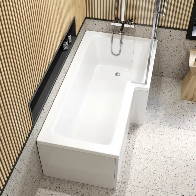 L Shaped 1700 Shower Bath with Front Panel & 6mm Easy Clean Screen with Rail - Right Handed