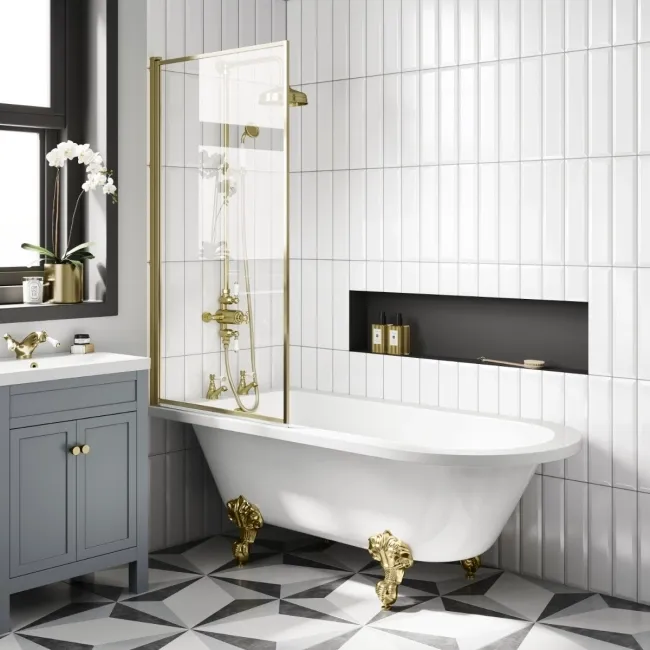 Abingdon 1700 Roll Top Shower Bath - Brushed Brass Ball Feet & 6mm Easy Clean Brushed Brass Bath Screen