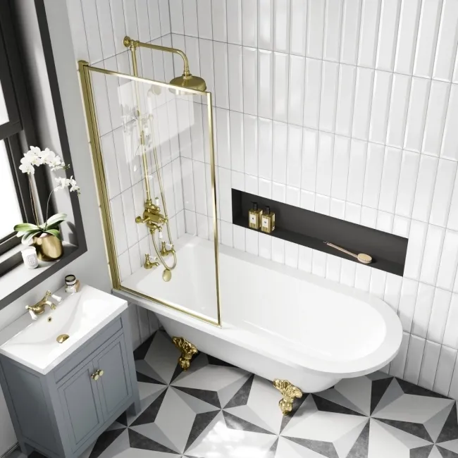 Abingdon 1700 Roll Top Shower Bath - Brushed Brass Ball Feet & 6mm Easy Clean Brushed Brass Bath Screen