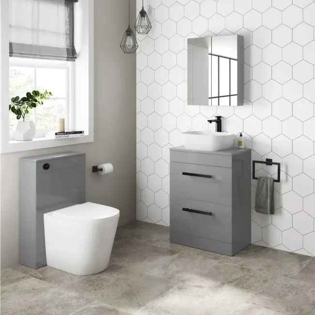 Avon Stone Grey Vanity Drawer with Curved Counter Top Basin 600mm - Black Accents