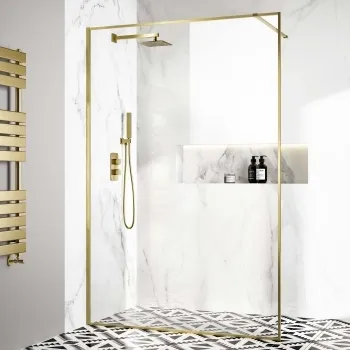 Munich Brushed Brass Framed Easy Clean 8mm Wet Room Shower Glass Panel 1400mm