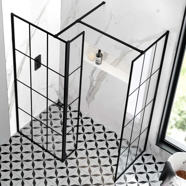 Munich Matt Black Grid 8mm Walk In Shower Enclosure 800mm & 800mm Glass with Pivotal Return Panel