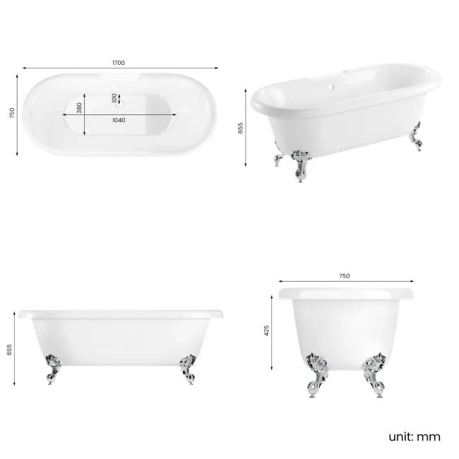 Grosvenor 1700mm Roll Top Bath - Chrome Ball Feet