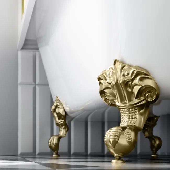 Abingdon 1500 Roll Top Shower Bath - Brushed Brass Ball Feet & 6mm Easy Clean Brushed Brass Bath Screen