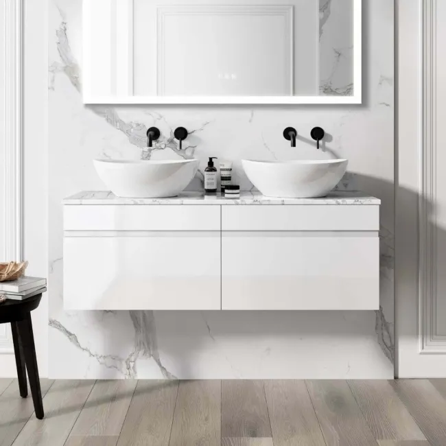 Trent Gloss White Double Wall Hung Drawer Vanity with Marble Top & Oval Counter Top Basin 1200mm