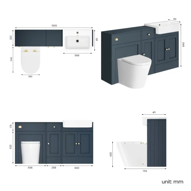 Monaco Inky Blue Combination Vanity Basin and Boston Toilet 1500mm - Brushed Brass Accents