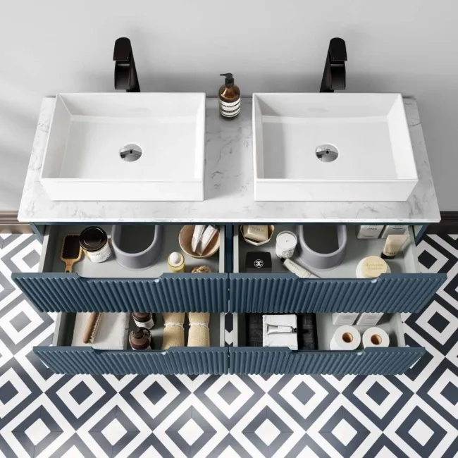 Crete Fluted Navy Blue Double Wall Hung Drawer Vanity with Marble Top & Cody Basin 1200mm