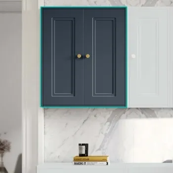 Inky Blue Wall Hung Cabinet 700x600mm - Brushed Brass Accents
