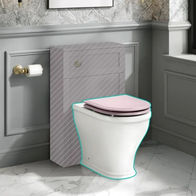 Kansas Traditional Rimless Back To Wall Toilet With Cashmere Pink Wooden Seat - Brushed Brass Hinges