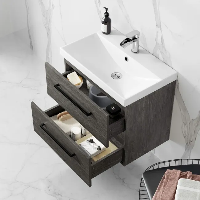 Elba Charcoal Elm Wall Hung Basin Drawer Vanity 600mm - Black Accents