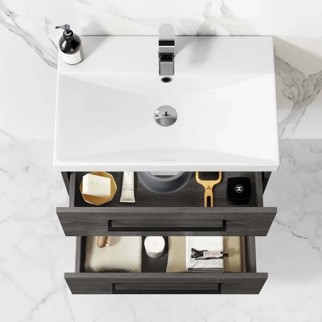 Elba Charcoal Elm Wall Hung Basin Drawer Vanity 600mm - Black Accents