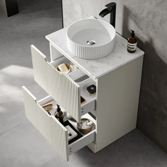 Crete Fluted Linen White Vanity Drawer with Marble Top & Nevis Basin 600mm