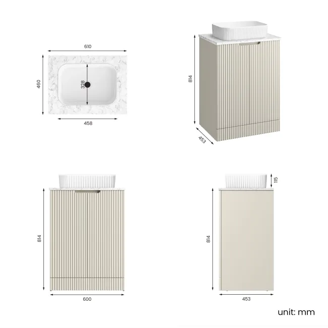 Crete Fluted Linen White Vanity with Marble Top & Reno Basin 600mm