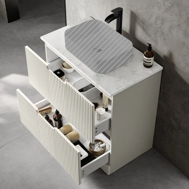 Crete Fluted Linen White Vanity Drawer with Marble Top 800mm - Excludes Counter Top Basin