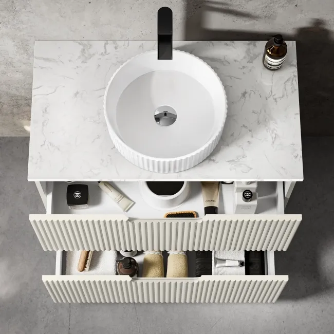 Crete Fluted Linen White Vanity Drawer with Marble Top & Nevis Basin 800mm