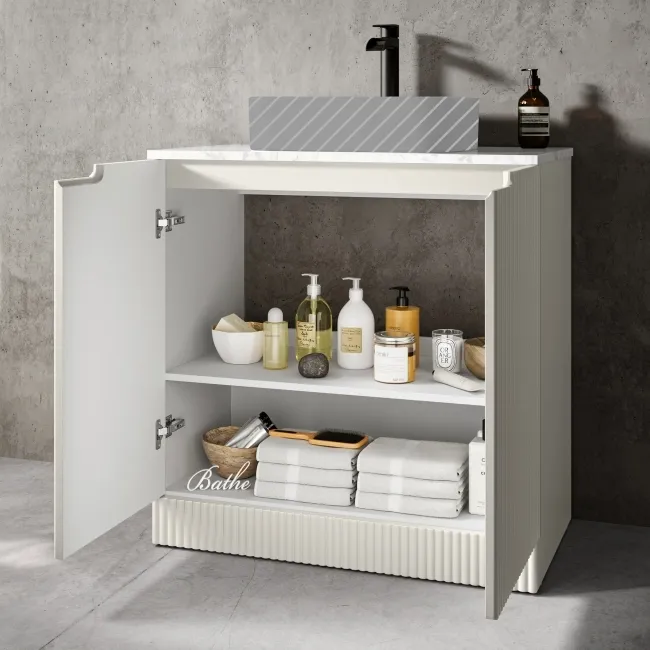 Crete Fluted Linen White Vanity with Marble Top 800mm - Excludes Counter Top Basin