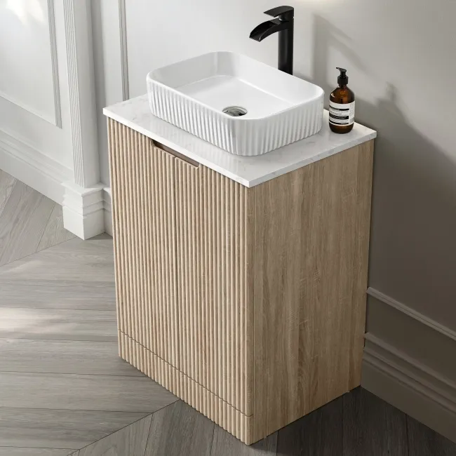 Crete Fluted Apex Oak Vanity with Marble Top & Reno Basin 600mm