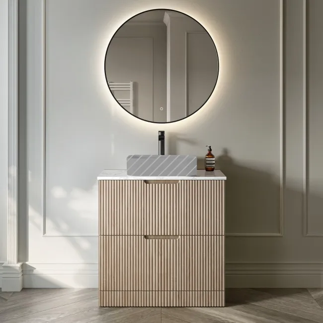 Crete Fluted Apex Oak Vanity Drawer with Marble Top 800mm - Excludes Counter Top Basin