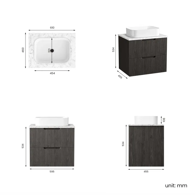 Crete Fluted Charcoal Elm Wall Hung Drawer Vanity with Marble Top & Marin Basin 600mm