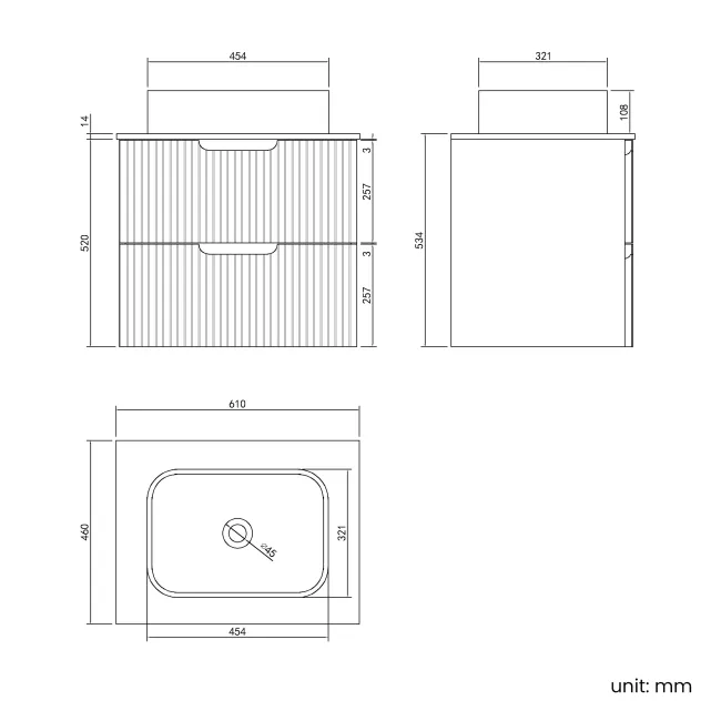 Crete Fluted Charcoal Elm Wall Hung Drawer Vanity with Marble Top & Marin Basin 600mm