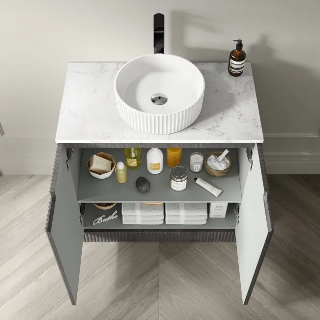 Crete Fluted Charcoal Elm Vanity with Marble Top & Nevis Basin 800mm