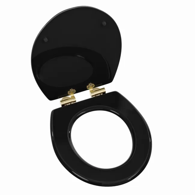 Alma Traditional Gloss Black Wooden Soft Close Seat with Brushed Brass Hinges