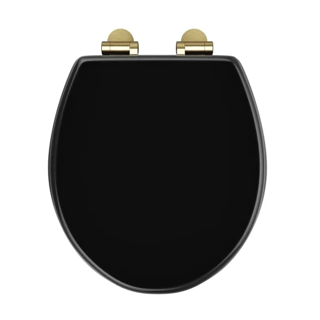 Alma Traditional Gloss Black Wooden Soft Close Seat with Brushed Brass Hinges